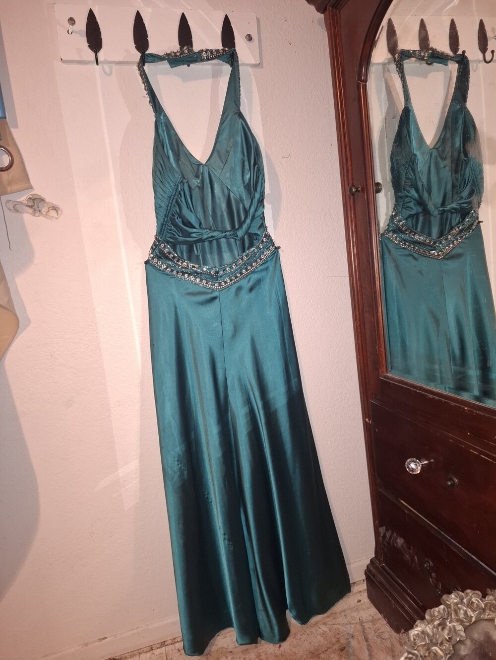 Teal Beaded Halter Satin Evening Dress